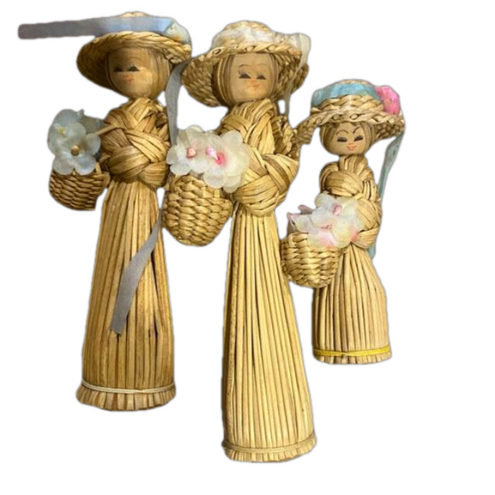 Vintage 1970s Woven Straw Folk Art Dolls Set of 3 Flower Baskets